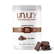 Unjury chocolate whey protein powder jar ready for a creamy shake.