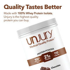 Unjury chocolate whey protein powder shake in glass showing smooth blend.