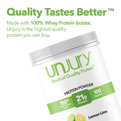 Unjury Lemon Lime shake glass presents a refreshing high-protein drink ready.