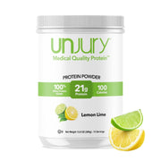 Unjury Lemon Lime whey isolate jar highlights premium protein for daily meals.