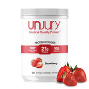 Unjury Strawberry whey isolate canister front view for post-workout protein support.