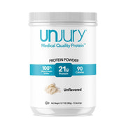 Unjury Unflavored Protein Powder bottle shows 21 g per serving for versatile shakes.