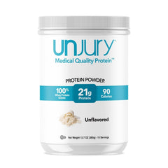 Unjury Unflavored Protein Powder bottle shows 21 g per serving for versatile shakes.