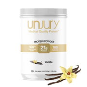 Unjury Vanilla whey protein bottle ready to mix for a protein-rich shake