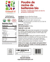 UNLEASH'D ORGANIC Beet Root Powder packaging highlighting non-GMO and antioxidant-rich profile.