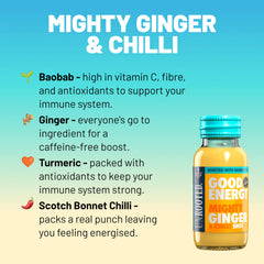 Unrooted Good Energy Shot ingredients panel featuring turmeric, chilli and baobab