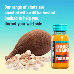 UNROOTED Good Energy Shot ginger pour captures quick flavor and sustained energy.