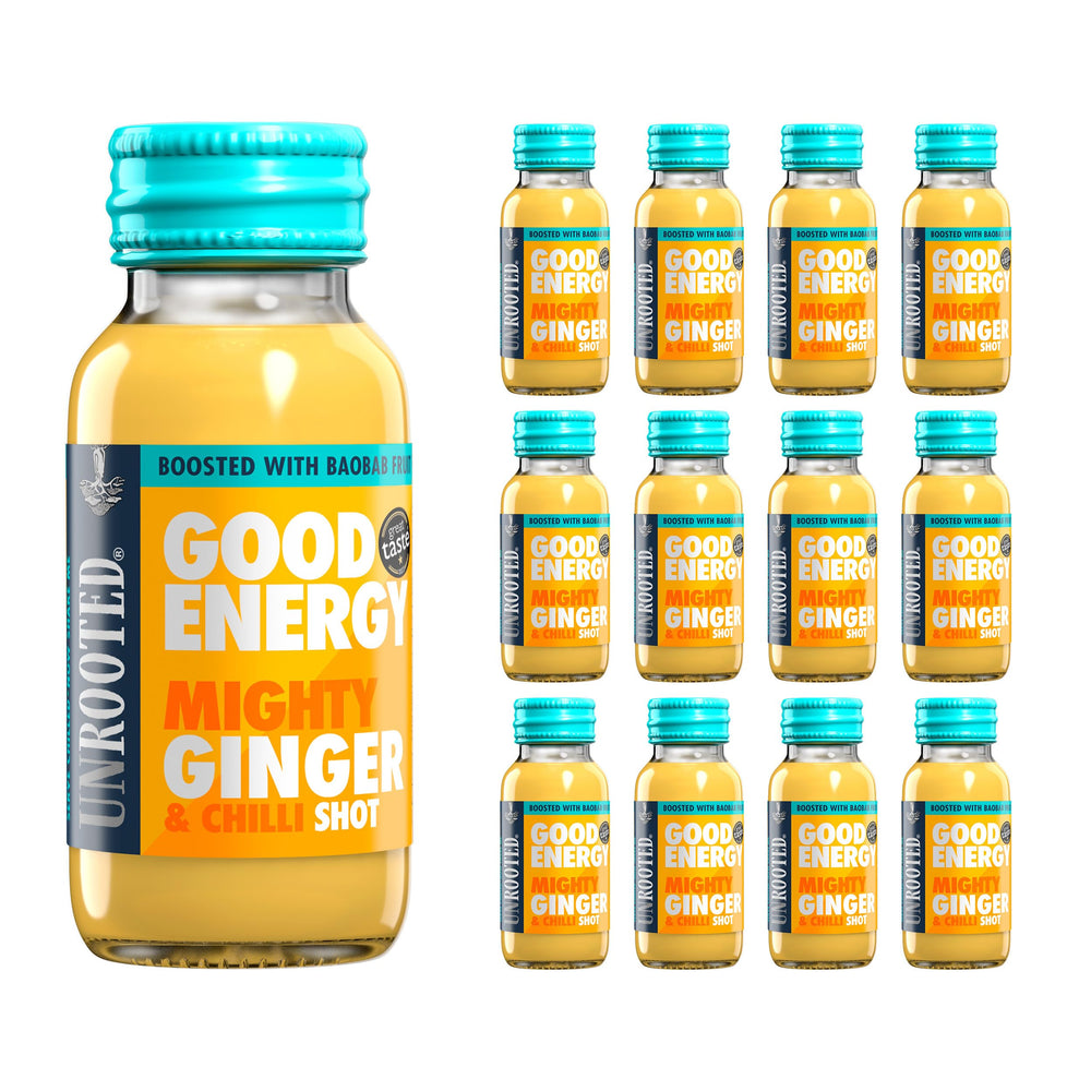 Unrooted Good Energy Shot bottle close-up highlighting mighty ginger for natural energy