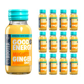 Unrooted Good Energy Shot bottle close-up highlighting mighty ginger for natural energy