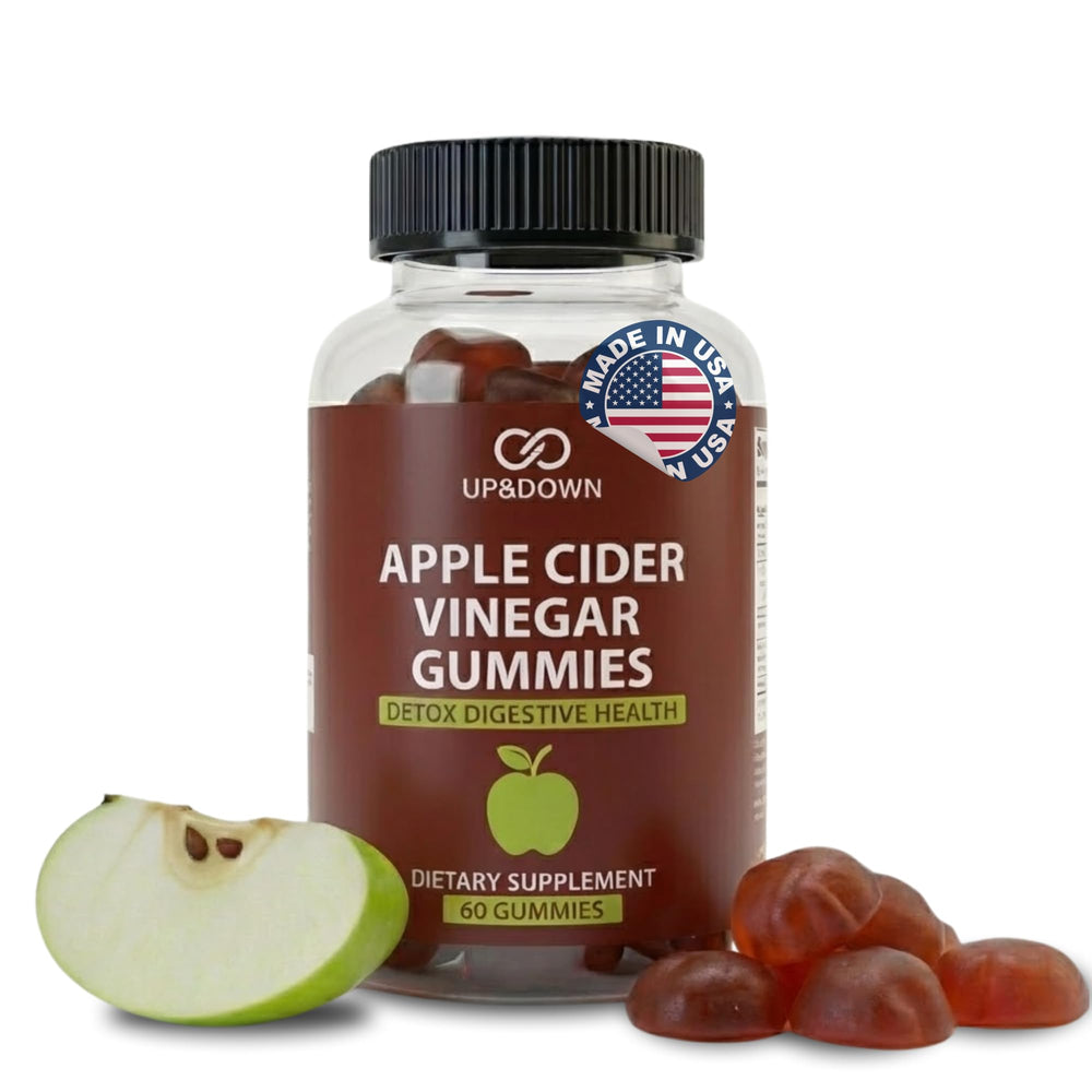 Up&Down ACV Gummies bottle showing a convenient vegan supplement for daily wellness.