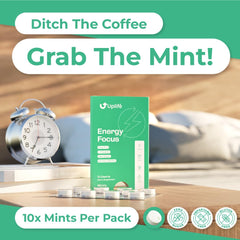 Close-up of UPLIFE Energy Mints highlighting crisp peppermint texture and focus aid.