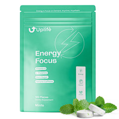 UPLIFE Focus and Energy Mints bottle for portable energy and fresh breath.