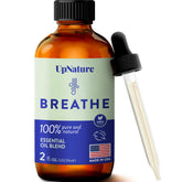 UpNature Breathe diffuser bottle image highlighting the blend for a fresh room atmosphere.