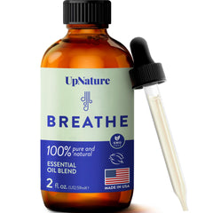 UpNature Breathe diffuser bottle image highlighting the blend for a fresh room atmosphere.