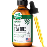 UpNature Tea Tree Oil bottle being poured for versatile skincare and haircare.