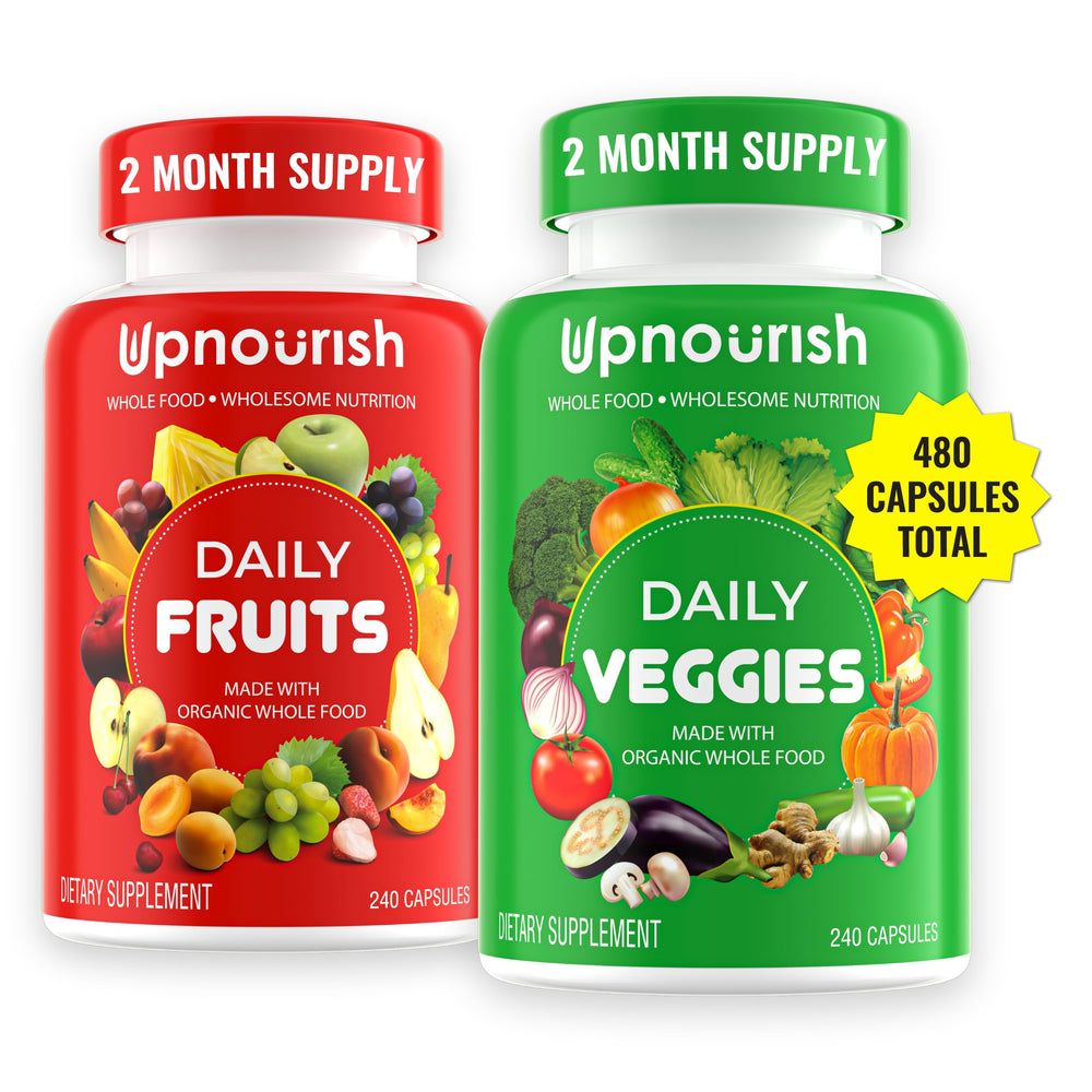 UpNourish fruits and veggies capsules bottle on kitchen counter for daily nutrition