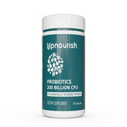UpNourish Probiotics bottle front showing 60 vegan capsules for daily digestive support.