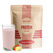 UpNourish Strawberry Banana Vegan Protein Powder tub front, dairy-free protein for vegan meals