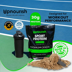UpNourish vegan sport protein chocolate tub back showing ingredients.