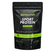 UpNourish vegan sport protein chocolate tub front for post-workout fueling.