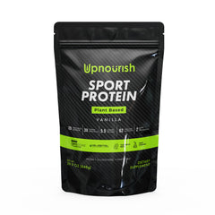 UpNourish Vegan Sport Protein Powder Vanilla tub front for plant-based protein on-the-go fueling