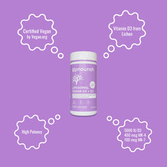 UpNourish vegan vitamin d3-k2 label highlights organic, non-GMO formula