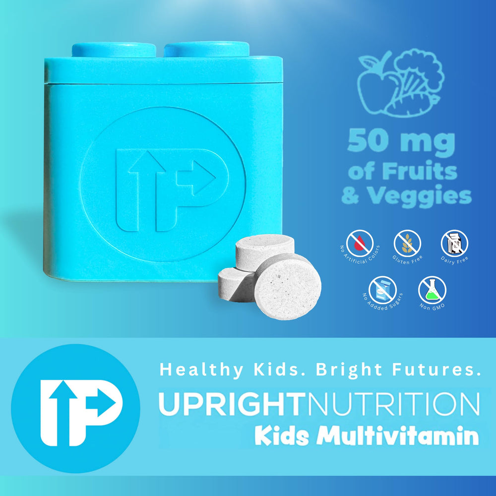 Upright Nutrition Children's Multivitamin chewable tablet shown as kid-friendly, easy-to-chew daily supplement.