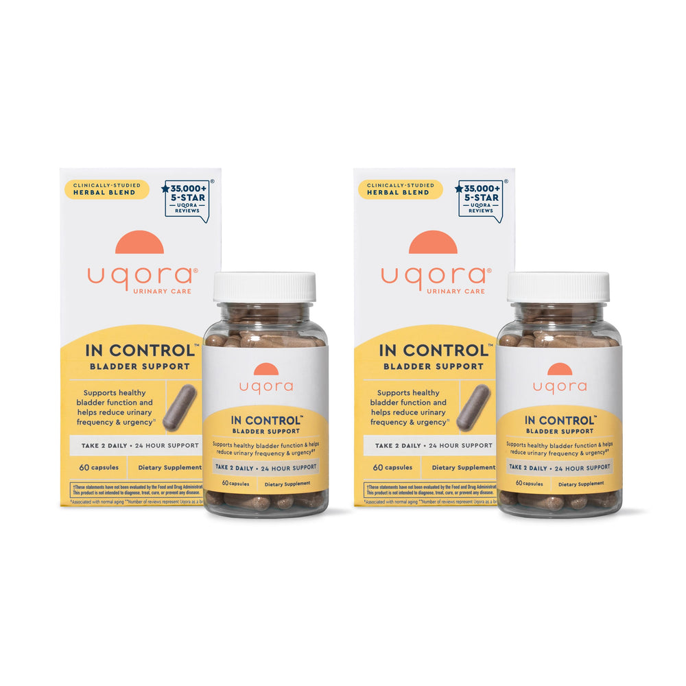 Uqora In Control bottle close-up highlighting daily bladder support for urinary comfort.