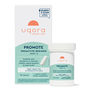 Uqora Promote bottle front view shows compact probiotic for vaginal health support.