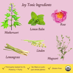 Urban Moonshine Joy Tonic bottle cap close-up emphasizes organic herbs.