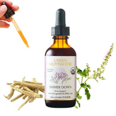 Urban Moonshine Simmer Down bottle highlights easy, non-drowsy stress support.