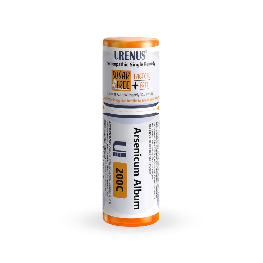 Urenus Arsenicum Album 200C pellets bottle enables precise one-at-a-time dosing for hygiene.