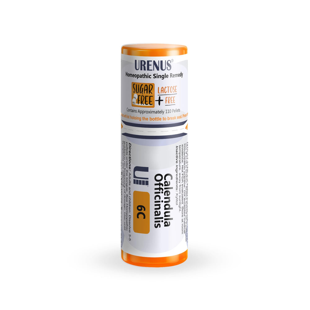 Urenus calendula-6c pellets bottle closeup shows compact, sugar-free packaging for on-the-go use.