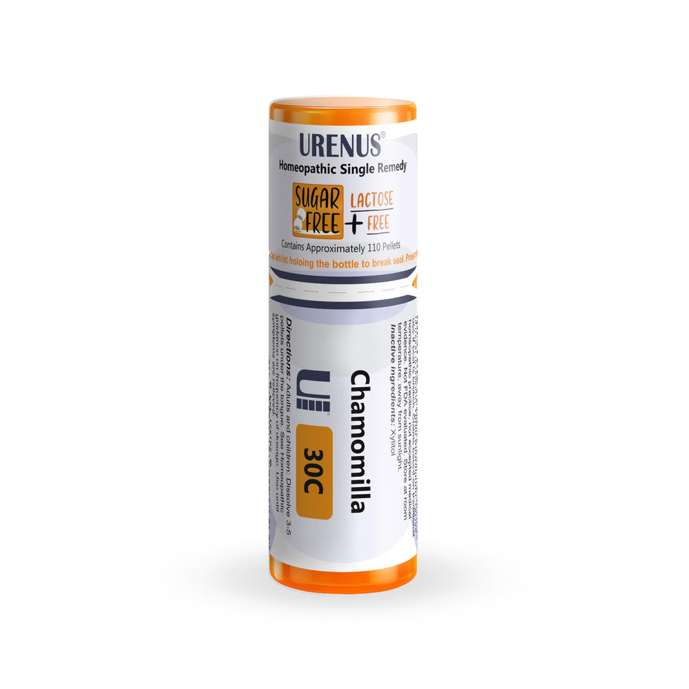 Urenus Chamomilla 30C sugar-free bottle with precision dispenser for clean, single-pellet dosing.