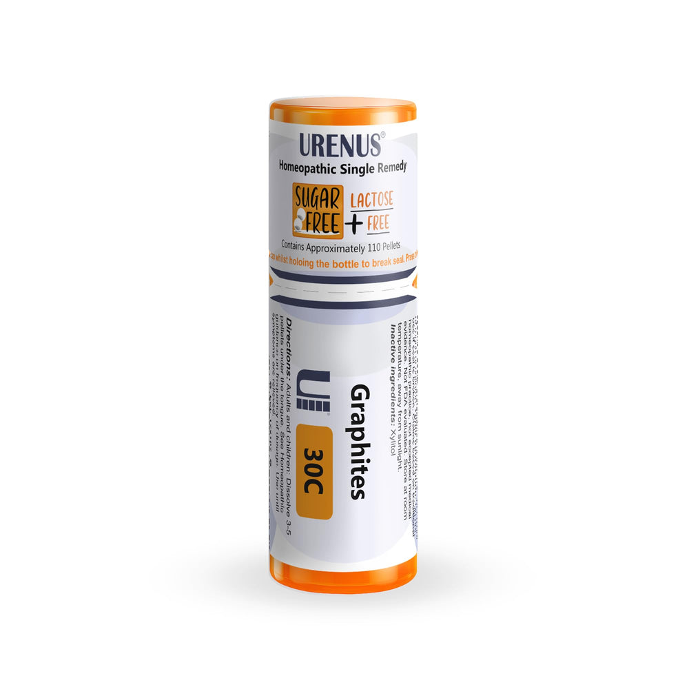 Urenus Graphites 30C pellets in bottle, precise dispensing for easy use.
