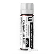 Urenus Lycopodium Clavatum 30C pellets bottle for easy dosing and lactose-free format.