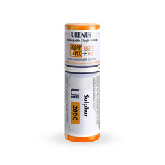 Urenus Sulphur 200C bottle front showing compact, eco-friendly packaging ideal for travel.