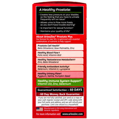 Urinozinc Prostate Plus bottle back with dosage and ingredients overview
