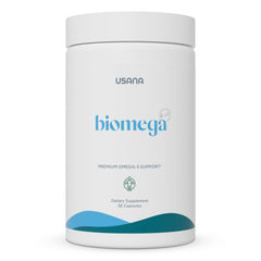 USANA BiOmega bottle cap close-up with softgel capsules for daily omega-3 intake.