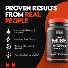 UTOYA NAD 1500+ label detail highlights vegan, gluten-free, and no artificial additives.