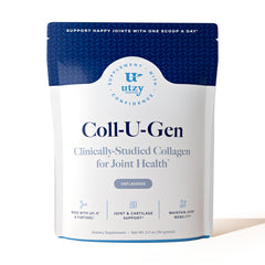 Utzy Naturals Coll-U-Gen bottle label highlighting UC-II and Fortigel for joint support