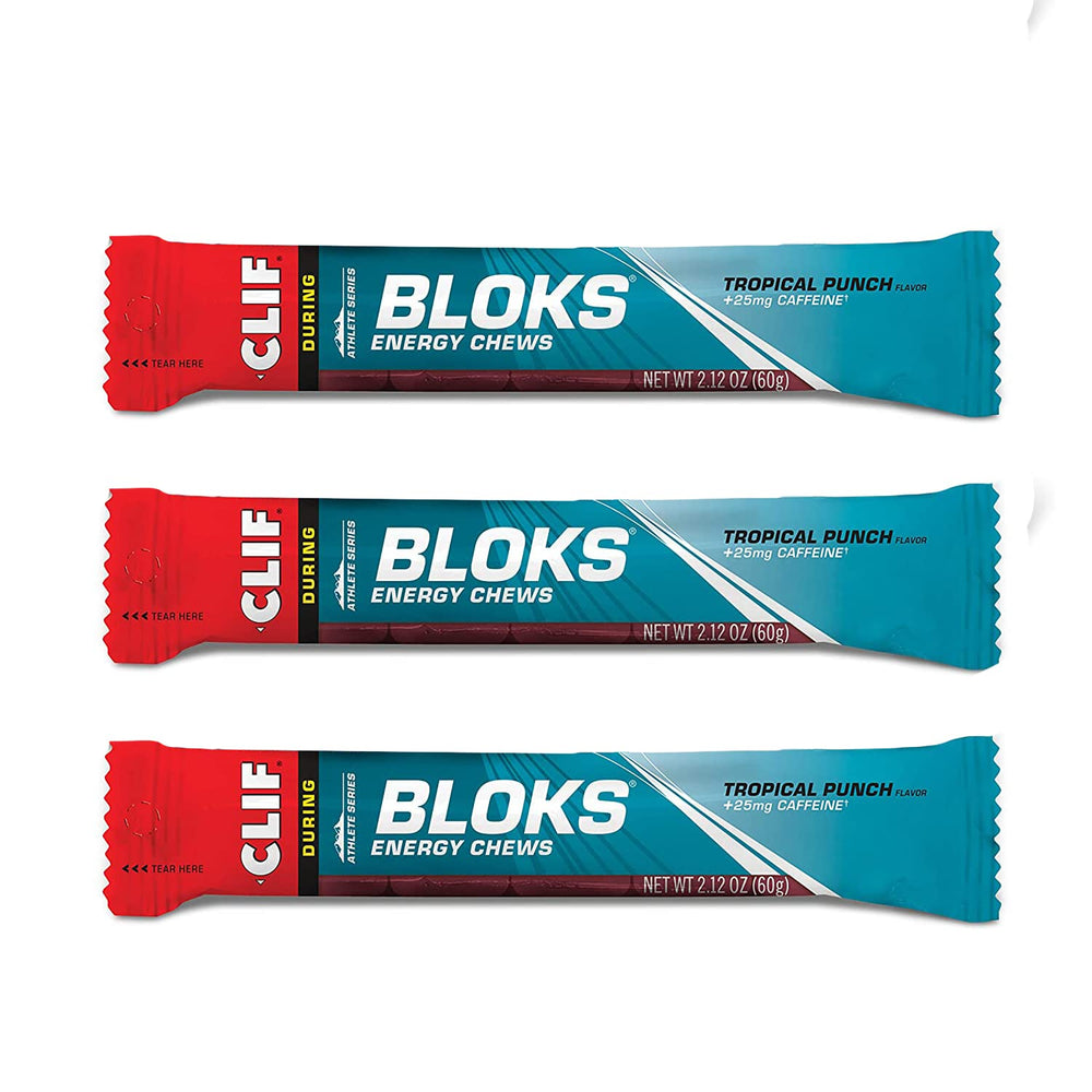 UUX CLIF BLOKS Tropical Punch packaging displayed for workouts