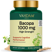 VAHDAM Bacopa Monnieri capsules bottle front, highlighting high-strength cognitive support.