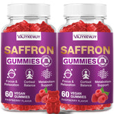VAJYKEWJY saffron gummies bottle on countertop promotes mood balance and focus.