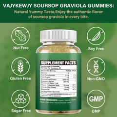 VAJYKEWJY Soursop Gummies bottle closeup emphasizes organic blend and vitamin C support.