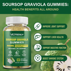 VAJYKEWJY Soursop Gummies ingredient label showcases vegan, gluten-free formula.