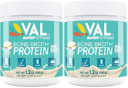 VAL Bone Broth Protein Powder tub with spoon showing a serving portion for post workout