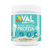 VAL Bone Broth Protein Powder tub with chicken flavor and collagen support.