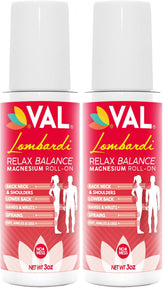 VAL Lombardi magnesium roll-on bottle closeup showing a mess-free relief on-the-go