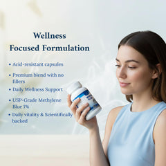 Valboren Labs Methylene Blue capsules on hand demonstrating portable brain support.